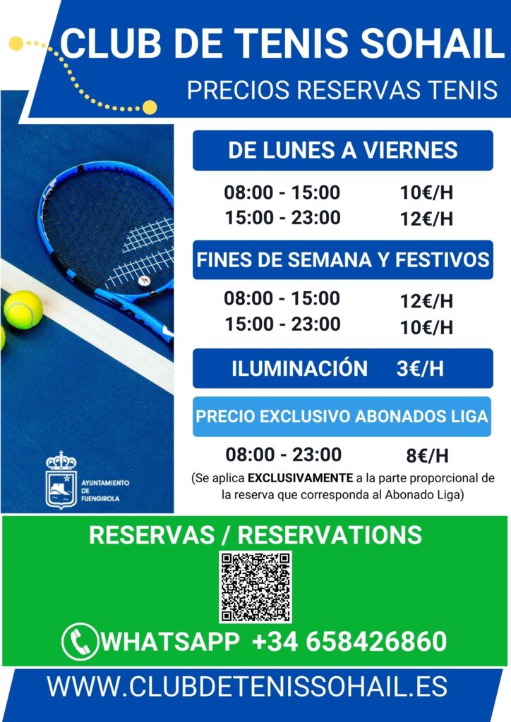 Listado precios reservas de pista de tenis Club de Tenis Sohail Fuengirola